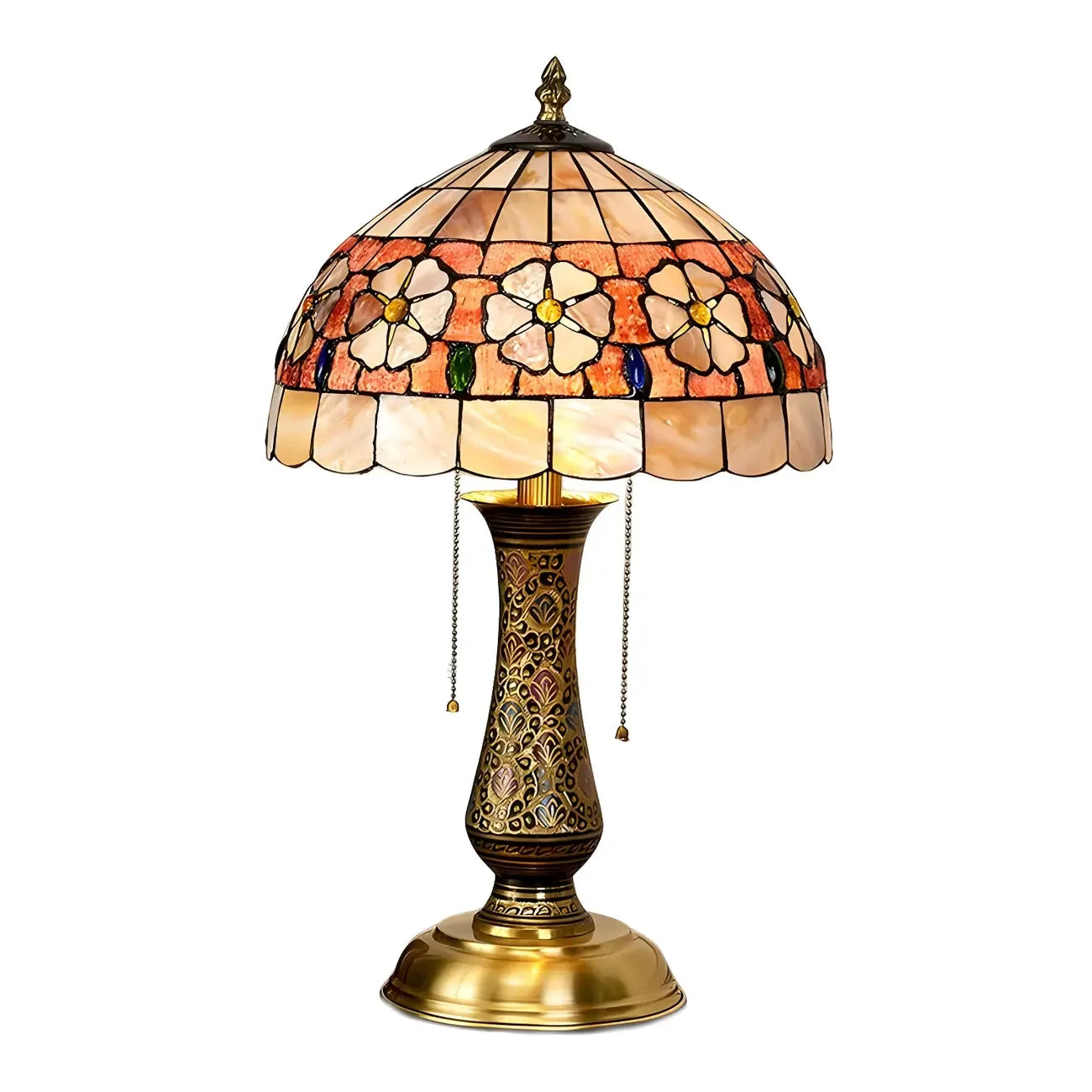 Lampada da tavolo a 2 luci a forma di cupola in vetro colorato ottone anticato