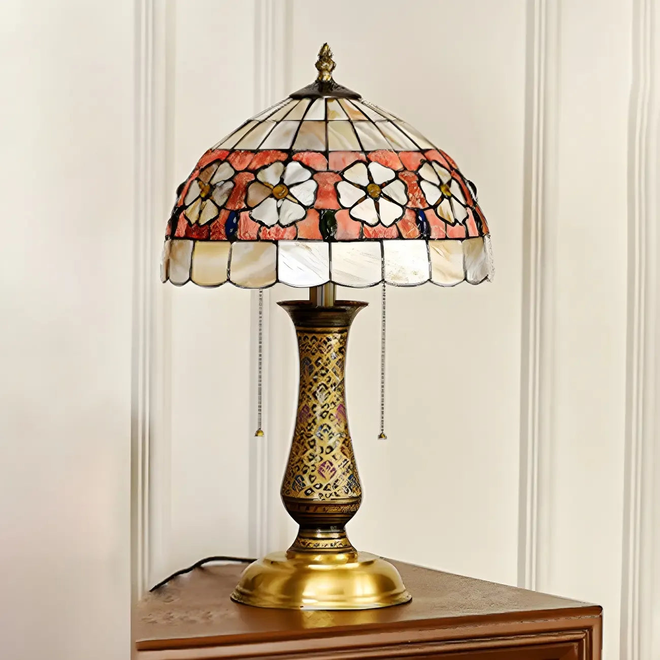 Lampada da tavolo a 2 luci a forma di cupola in vetro colorato ottone anticato