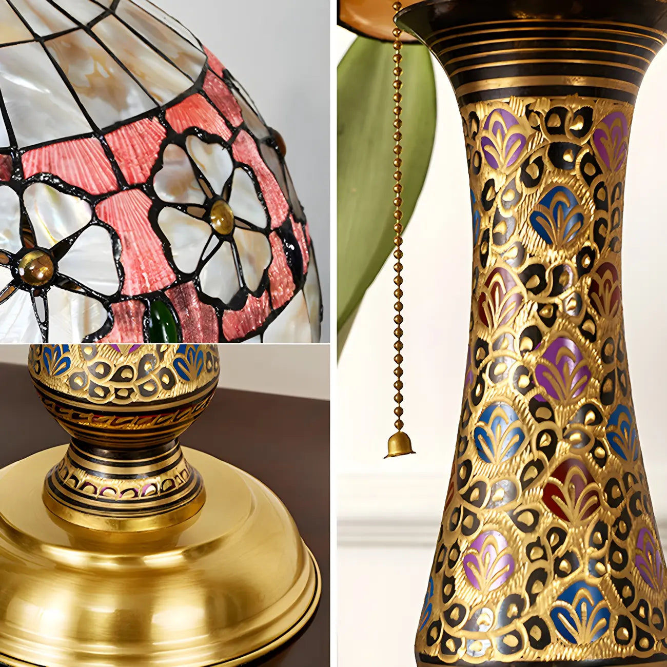 Lampada da tavolo a 2 luci a forma di cupola in vetro colorato ottone anticato