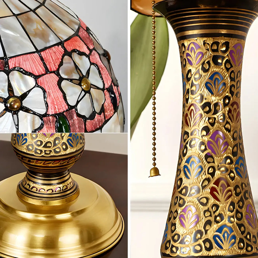 Lampada da tavolo a 2 luci a forma di cupola in vetro colorato ottone anticato