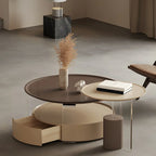 Table basse ronde élégante en bois beige et marron avec rangement