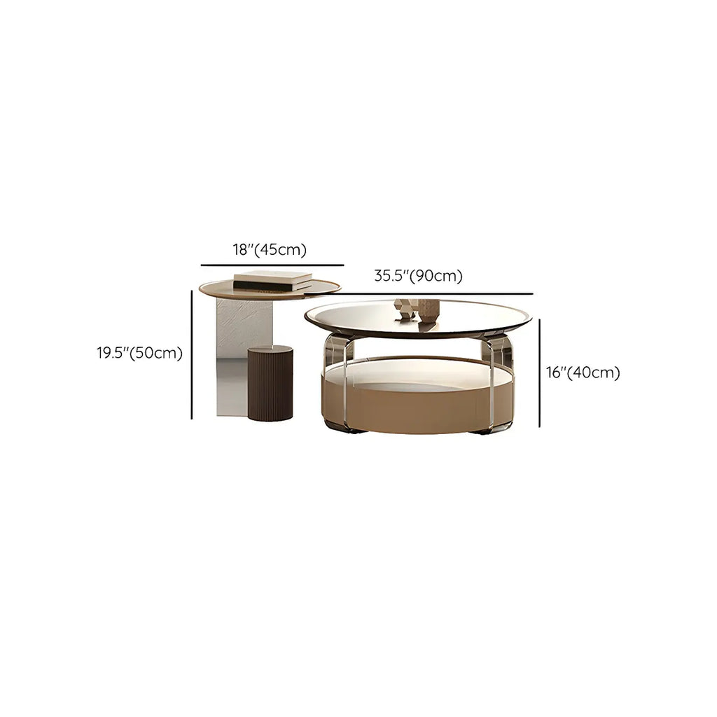 Table basse ronde élégante en bois beige et marron avec rangement