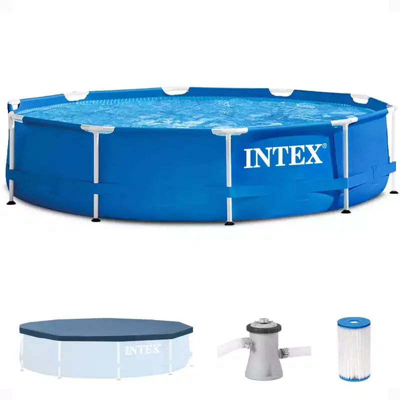 INTEX Metal Frame 10ft x 30in Round Above Ground Outdoor Swimming Pool Set with 330 GPH Filter Pump, Cartridge, and Protective Round Pool Cover