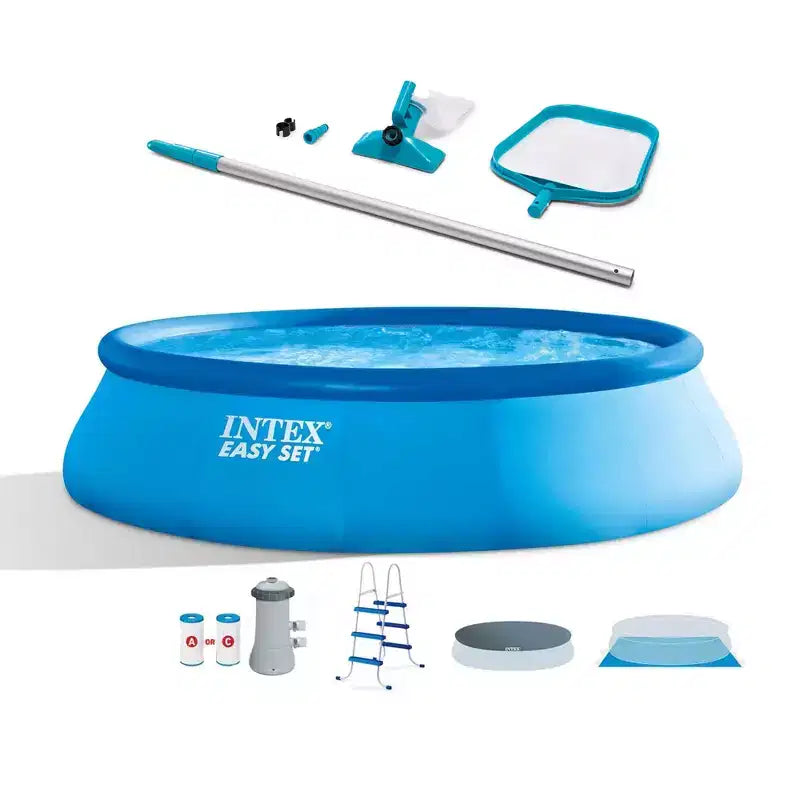 Intex 26165EH 15-Ft x 42-In Easy Setup Portable Inflatable Outdoor Above Ground Round Swimming Pool with Filter Pump, Cover & Cleaning Maintenance Kit