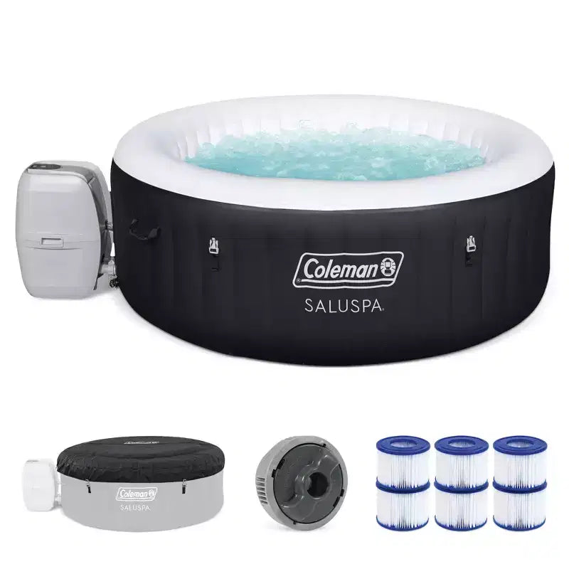 Coleman 13804-BW SaluSpa 4 Person Portable Inflatable Outdoor Round Hot Tub Spa with Air Jets, Pump, and 3 Replacement Filter Cartridges, Black