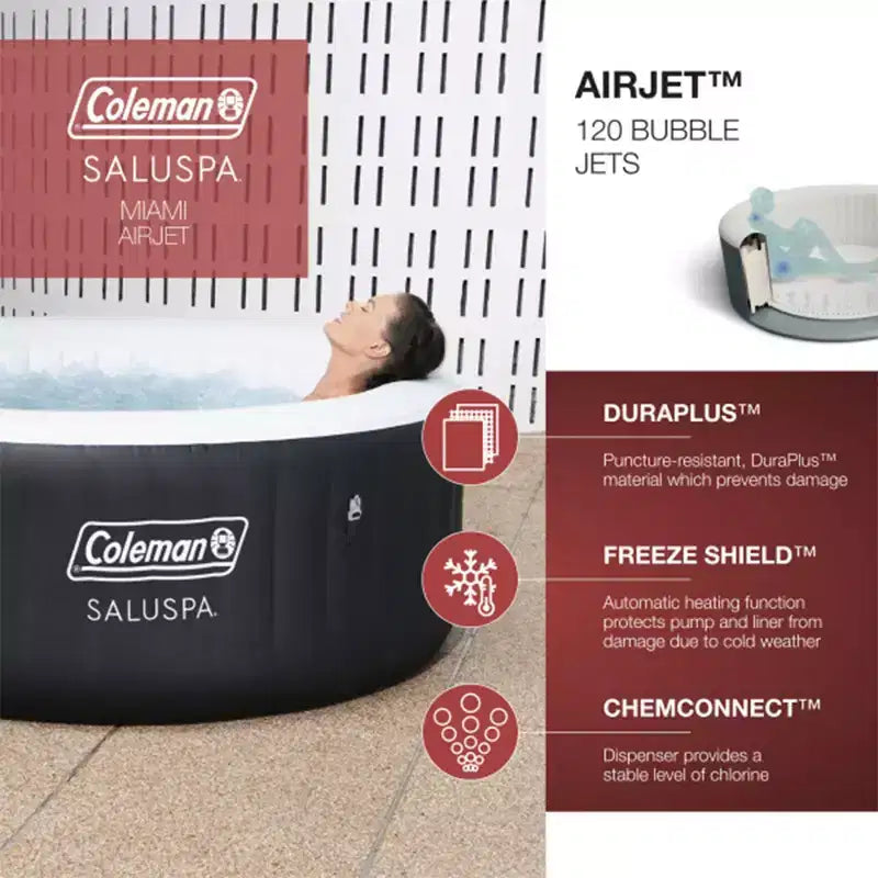 Spa rond gonflable portable d'extérieur Coleman 13804-BW SaluSpa pour 4 personnes avec jets d'air, pompe et 3 cartouches filtrantes de rechange, noir