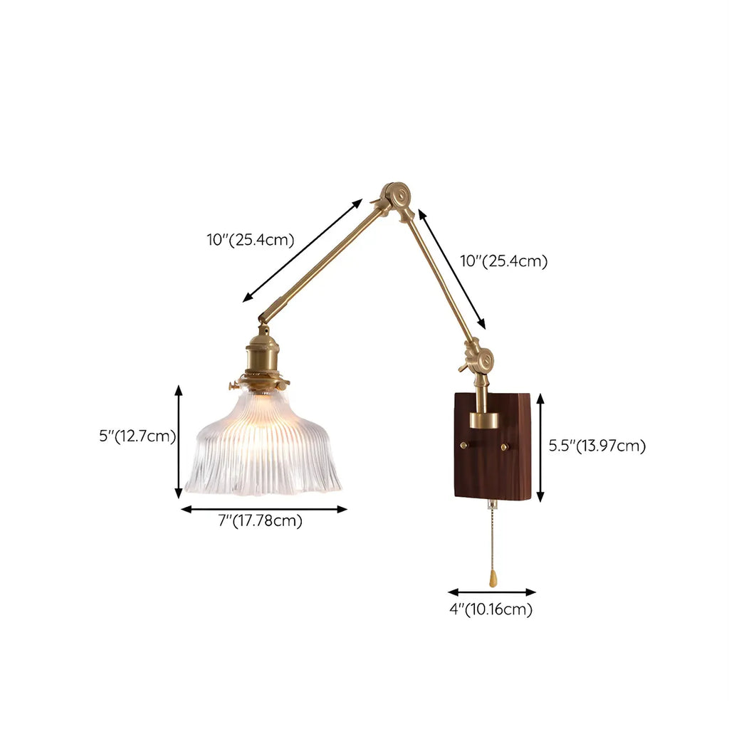 Applique murale vintage à bras articulé en laiton et socle en bois