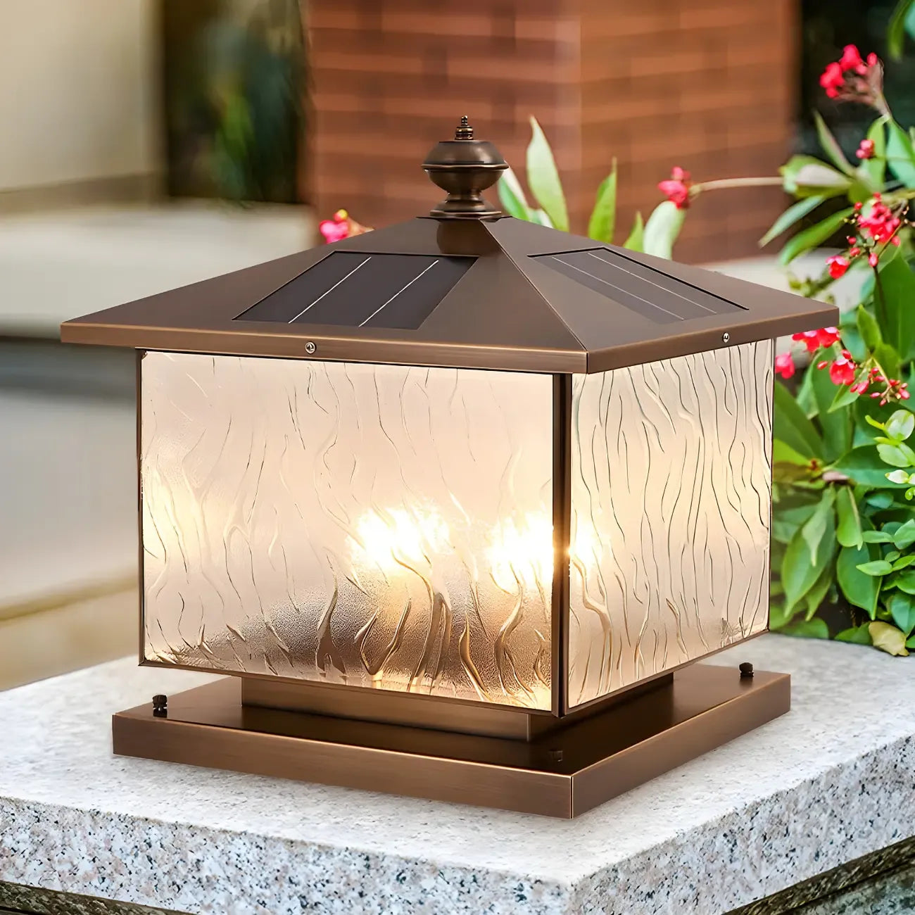 Lampadaires d'extérieur solaires en forme de maison, bronze ondulé