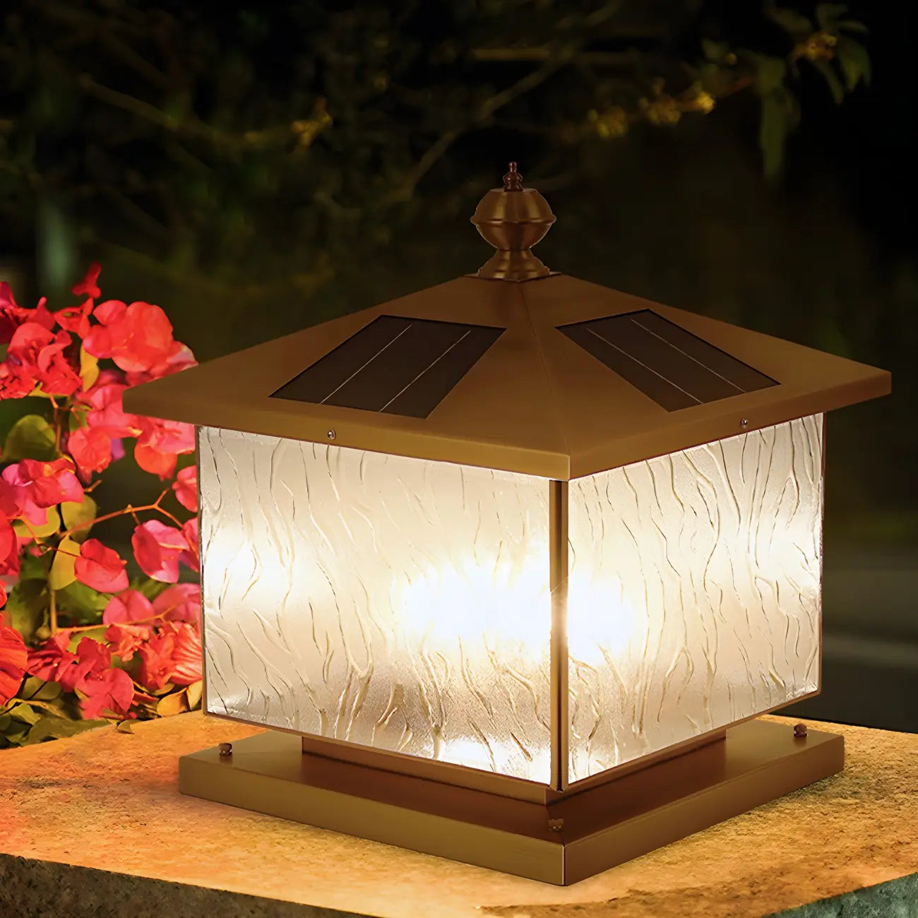 Lampadaires d'extérieur solaires en forme de maison, bronze ondulé