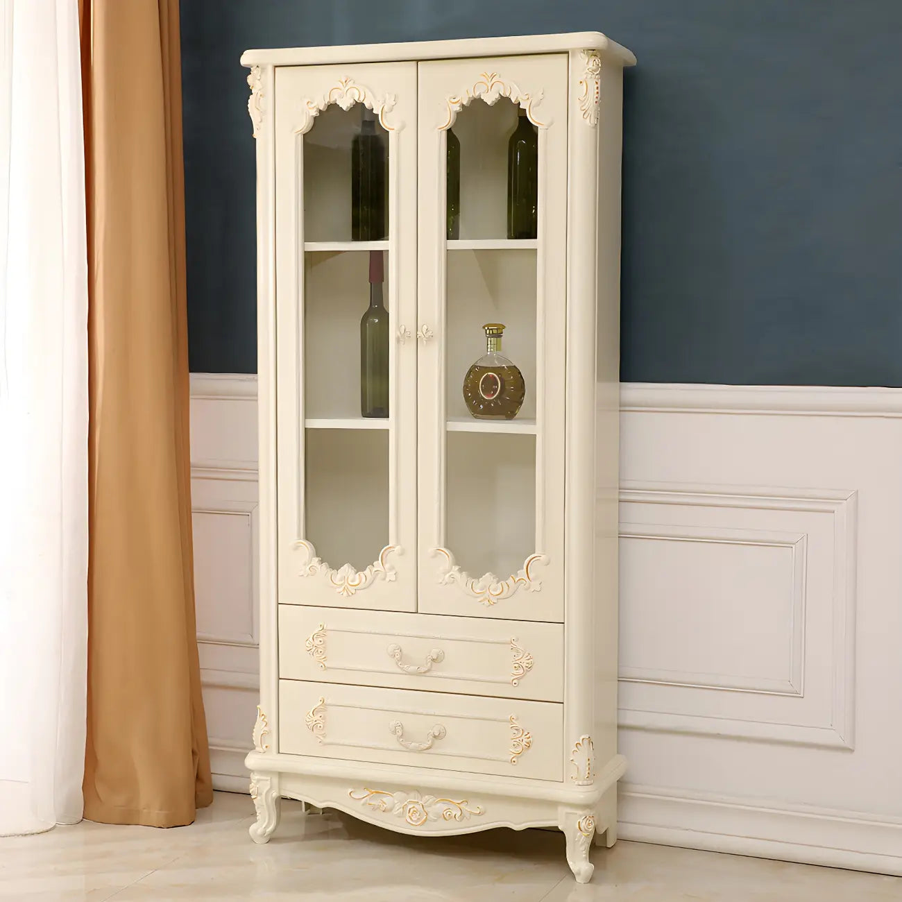 Vitrine de rangement classique en bois blanc avec tiroir