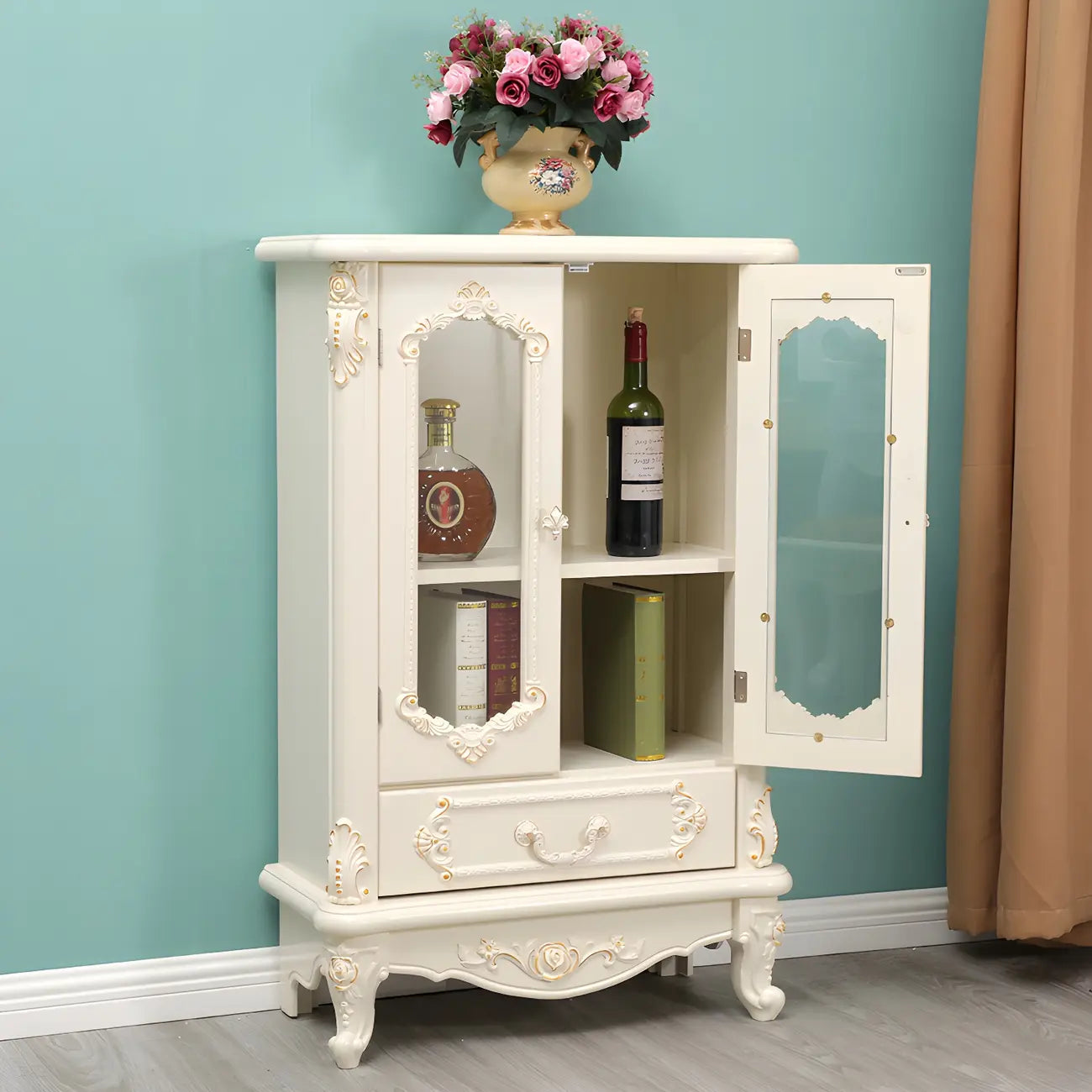 Vitrine de rangement classique en bois blanc avec tiroir