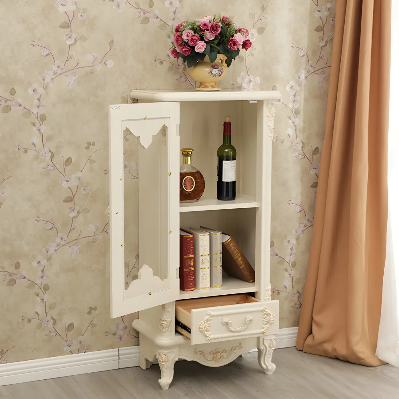 Vitrine de rangement classique en bois blanc avec tiroir