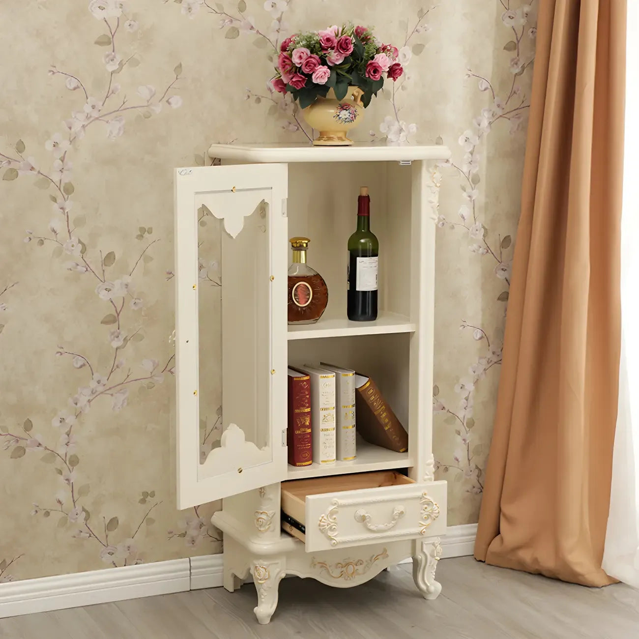 Vitrine de rangement classique en bois blanc avec tiroir