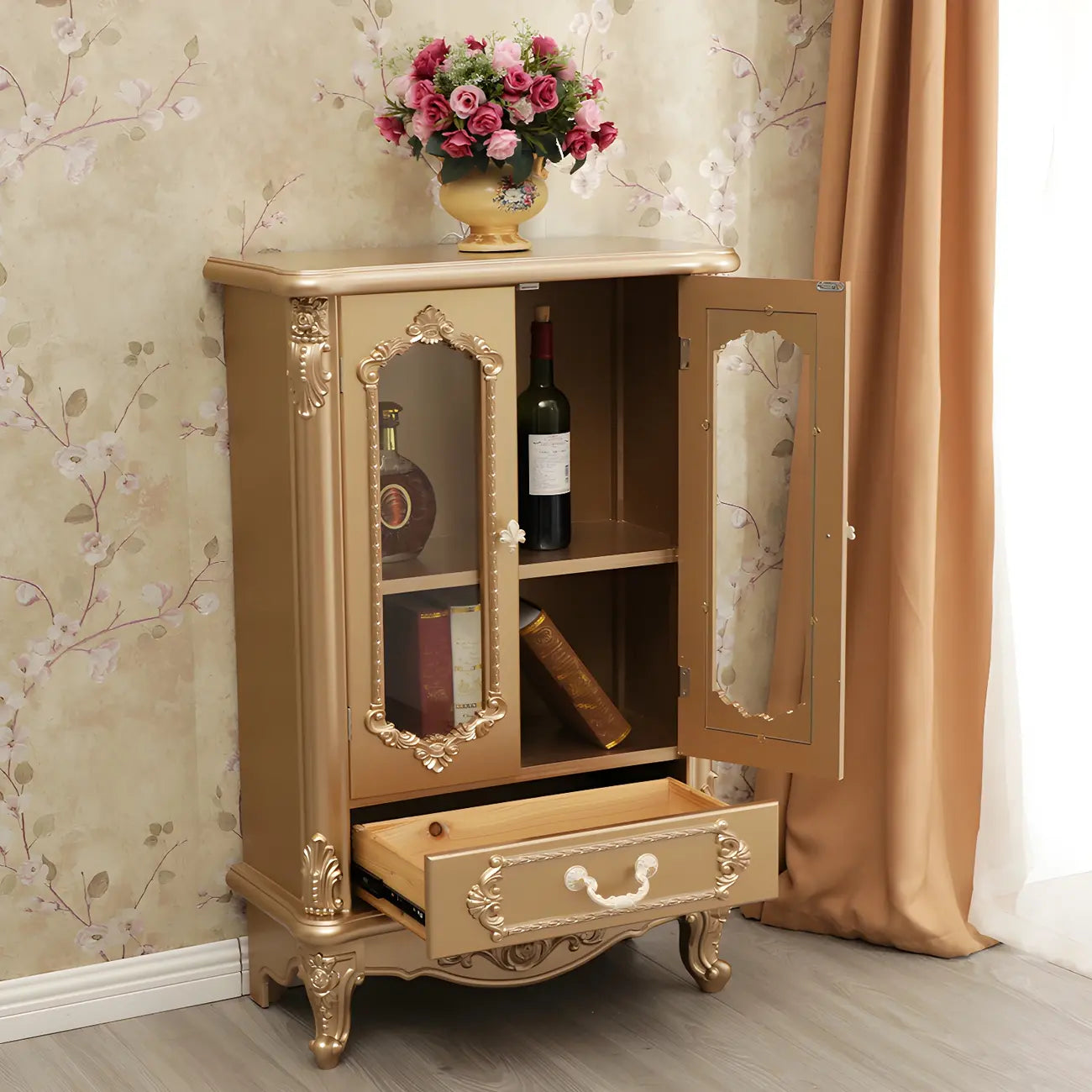 Vitrine de rangement classique en bois blanc avec tiroir