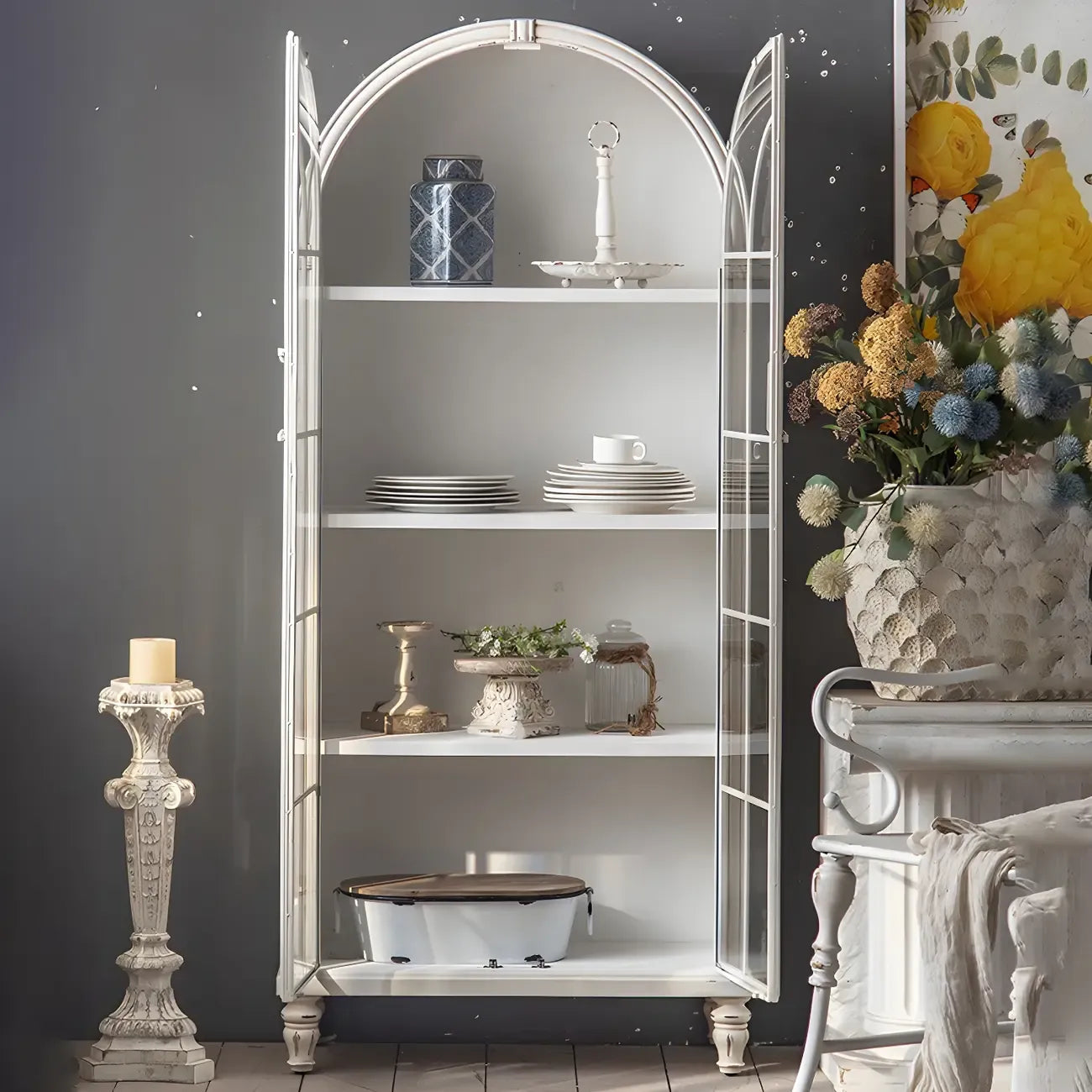 Vitrine en bois avec portes vitrées cintrées blanches classiques