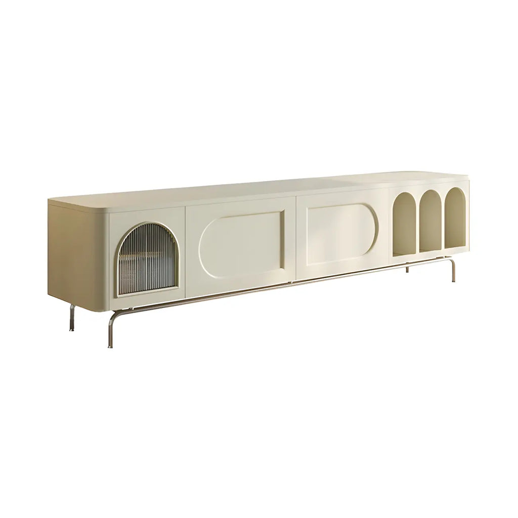 Mobile TV ad arco da 240 cm in legno bianco con nicchie e armadietti