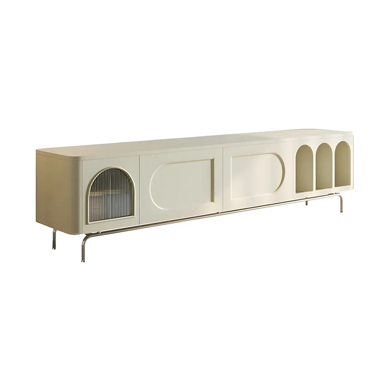 Mobile TV ad arco da 240 cm in legno bianco con nicchie e armadietti