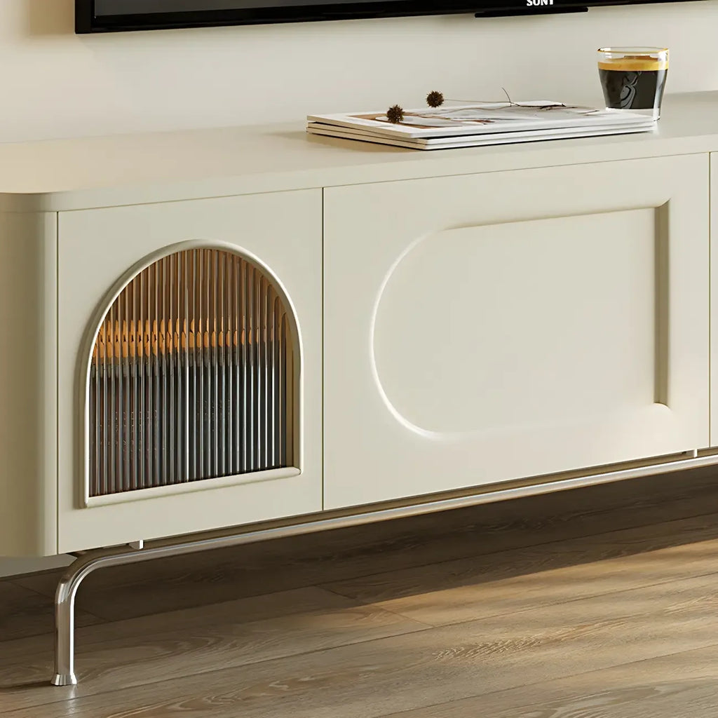 Mobile TV ad arco da 240 cm in legno bianco con nicchie e armadietti