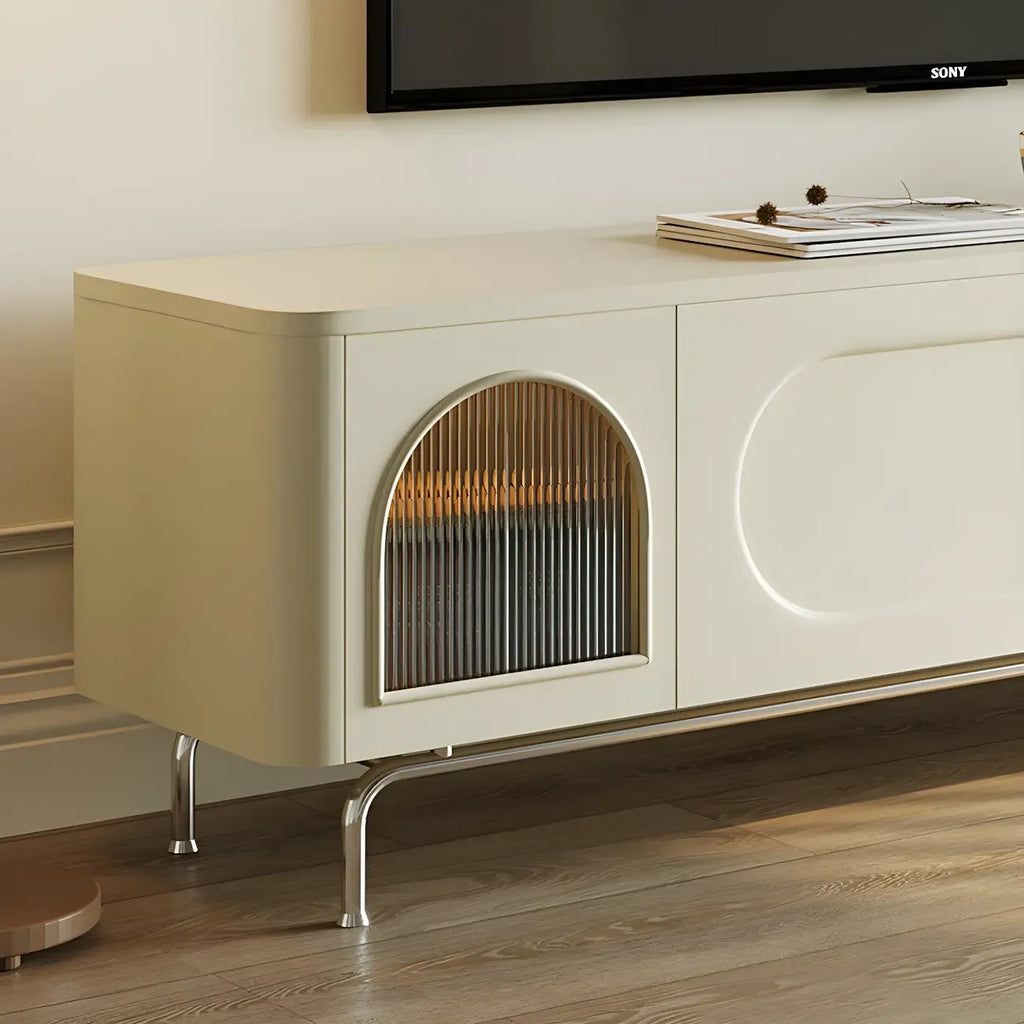 Mobile TV ad arco da 240 cm in legno bianco con nicchie e armadietti