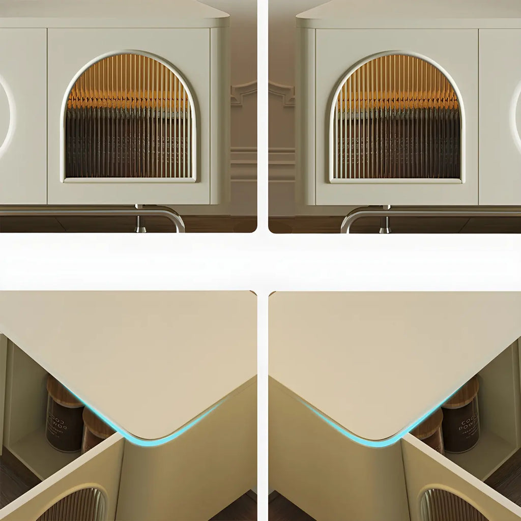 Mobile TV ad arco da 240 cm in legno bianco con nicchie e armadietti