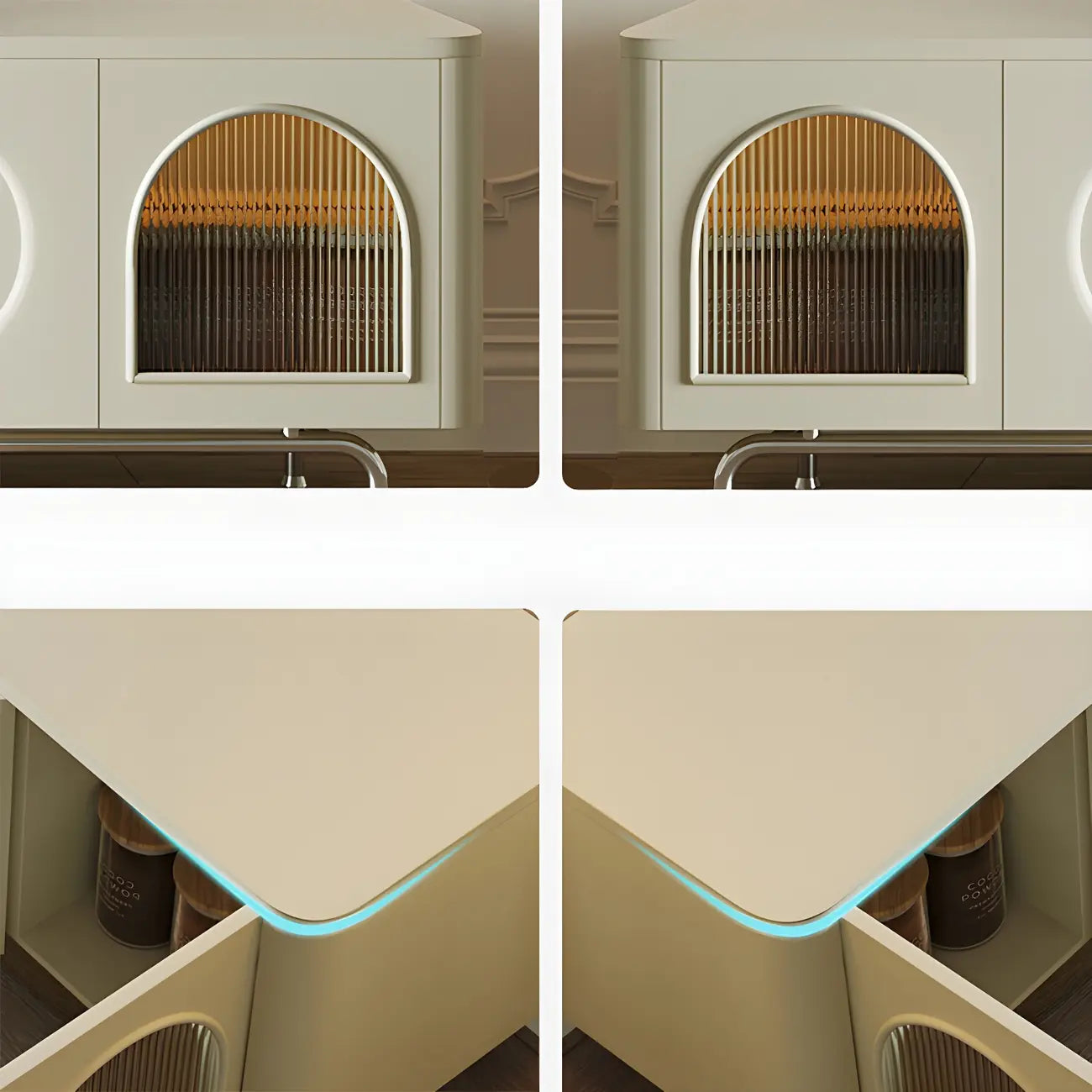 Mobile TV ad arco da 240 cm in legno bianco con nicchie e armadietti