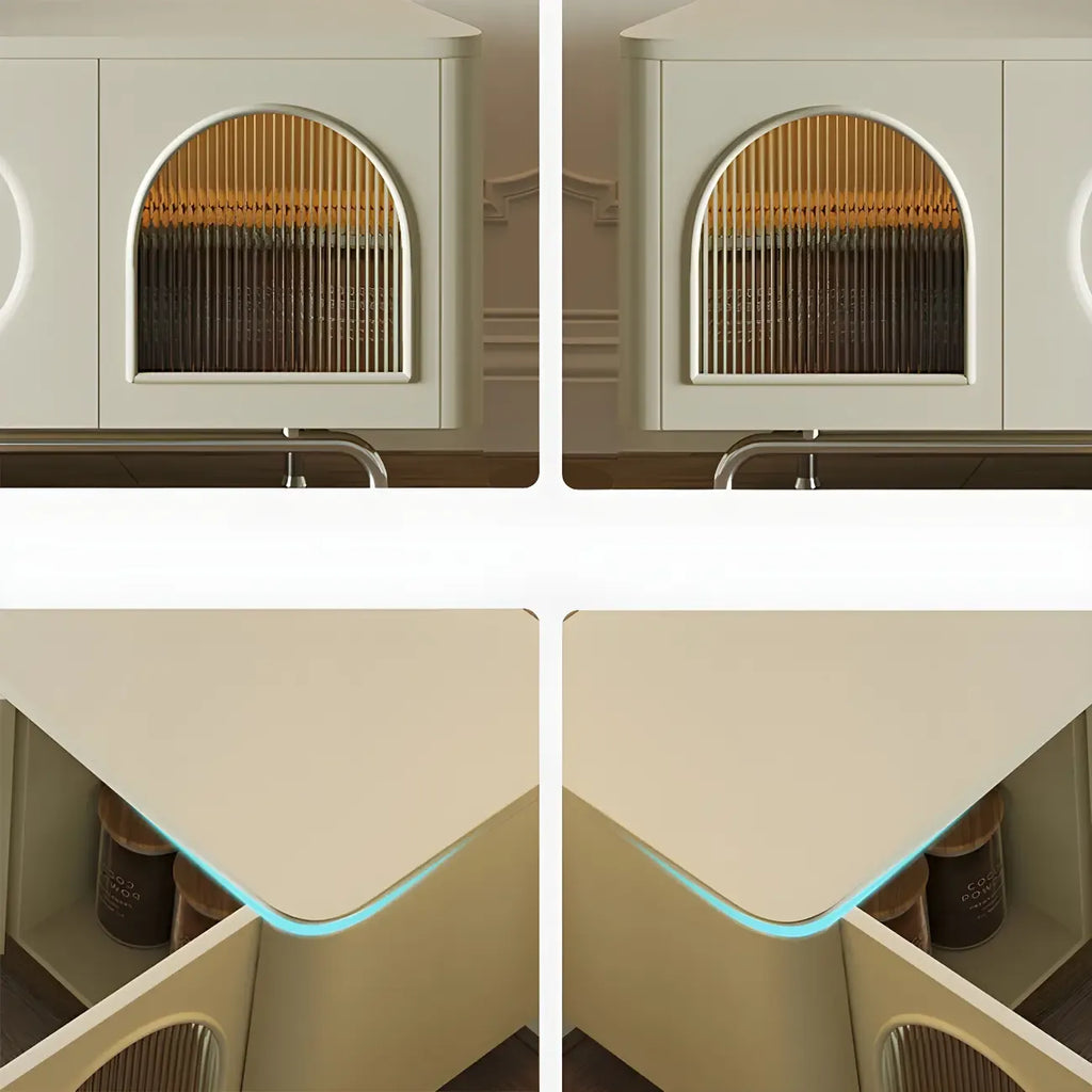 Mobile TV ad arco da 240 cm in legno bianco con nicchie e armadietti