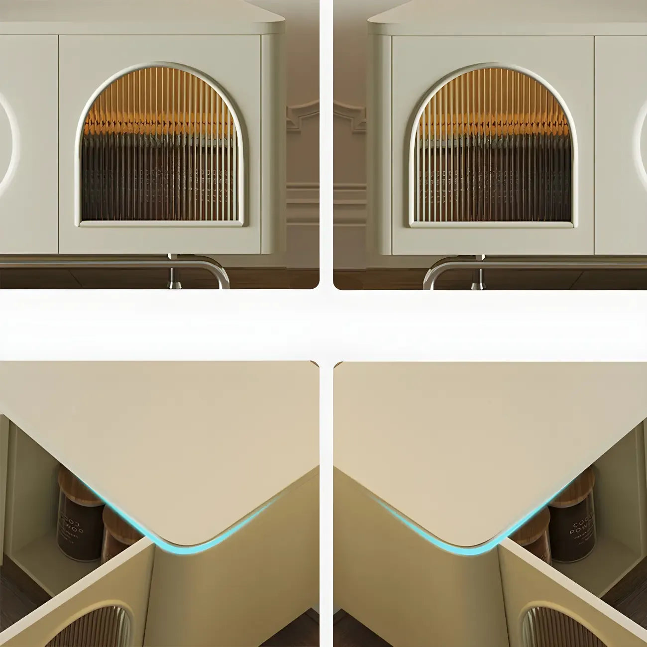 Mobile TV ad arco da 240 cm in legno bianco con nicchie e armadietti