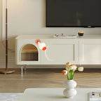 Mobile TV ad arco da 240 cm in legno bianco con nicchie e armadietti