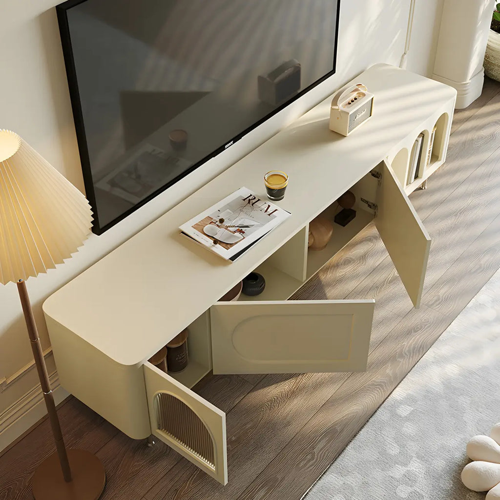 Mobile TV ad arco da 240 cm in legno bianco con nicchie e armadietti