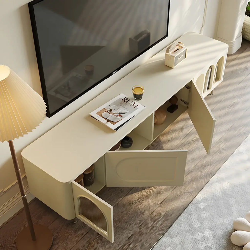 Mobile TV ad arco da 240 cm in legno bianco con nicchie e armadietti