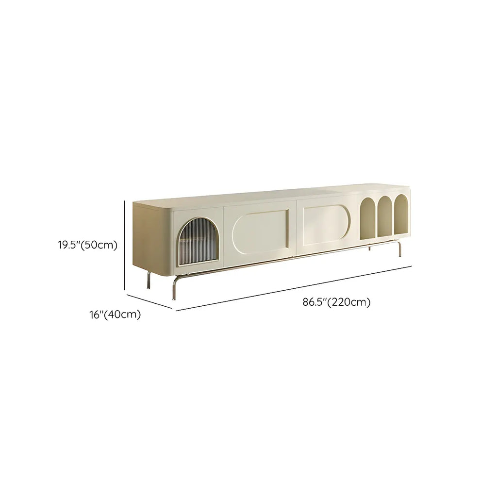 Mobile TV ad arco da 240 cm in legno bianco con nicchie e armadietti