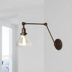 Applique murale rustique en métal avec bras articulé et abat-jour en verre transparent en forme de poire