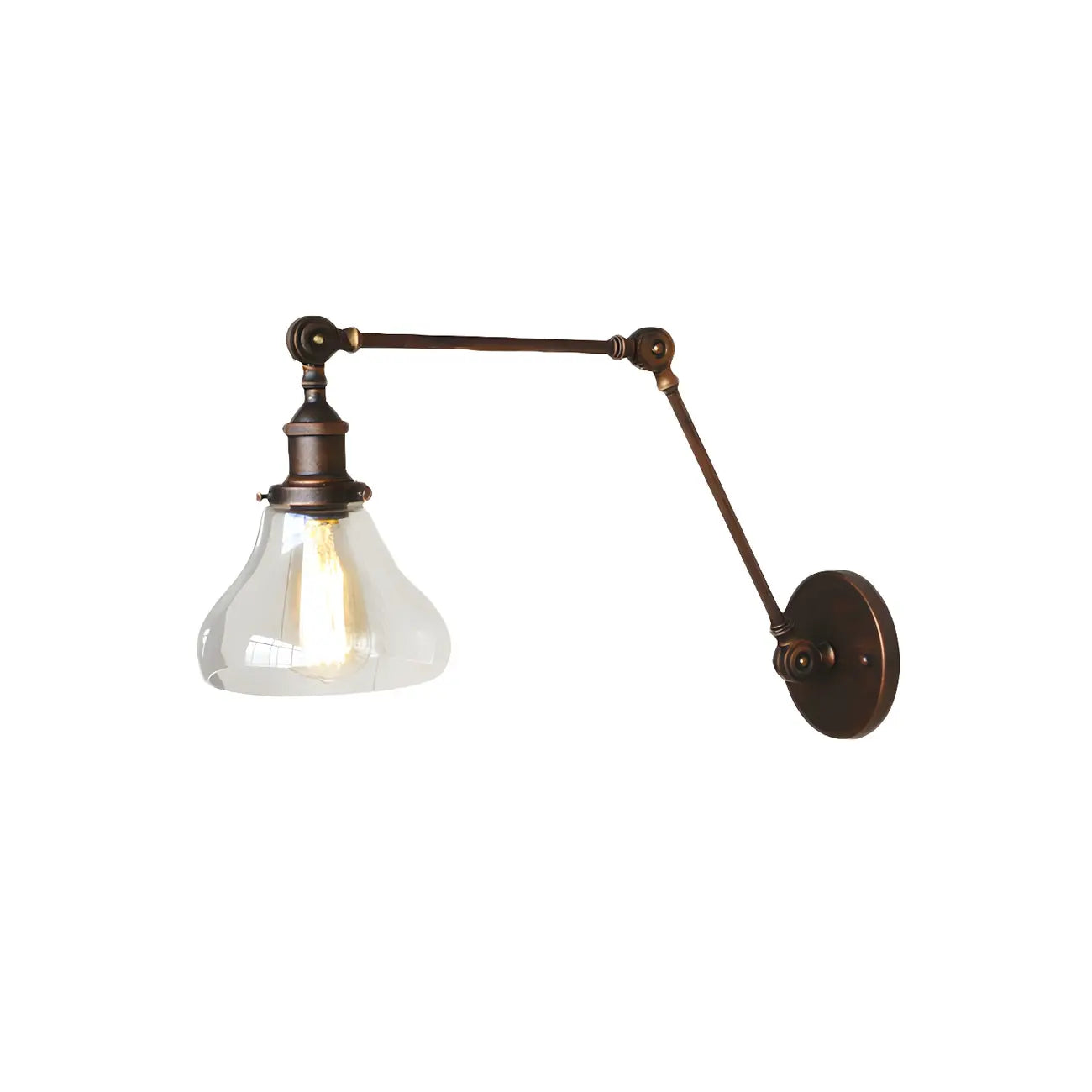 Applique murale rustique en métal avec bras articulé et abat-jour en verre transparent en forme de poire