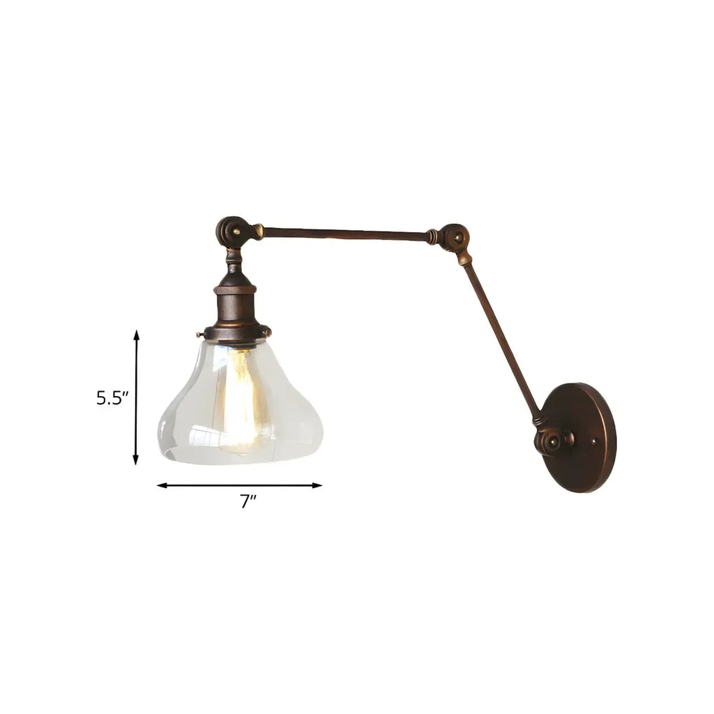 Applique murale rustique en métal avec bras articulé et abat-jour en verre transparent en forme de poire
