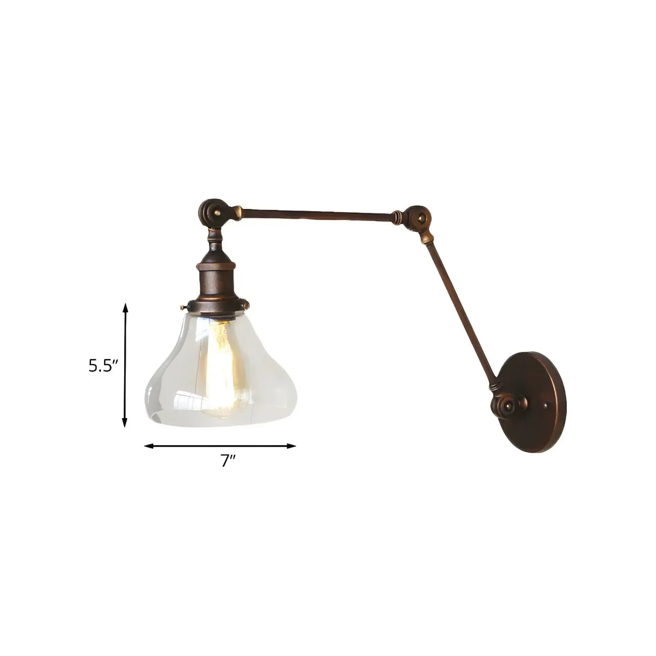 Applique murale rustique en métal avec bras articulé et abat-jour en verre transparent en forme de poire