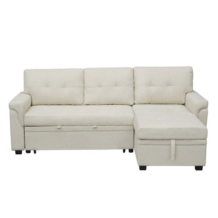 Canapé d'angle convertible et réversible avec lit gigogne, méridienne de rangement dissimulée et pieds robustes.
