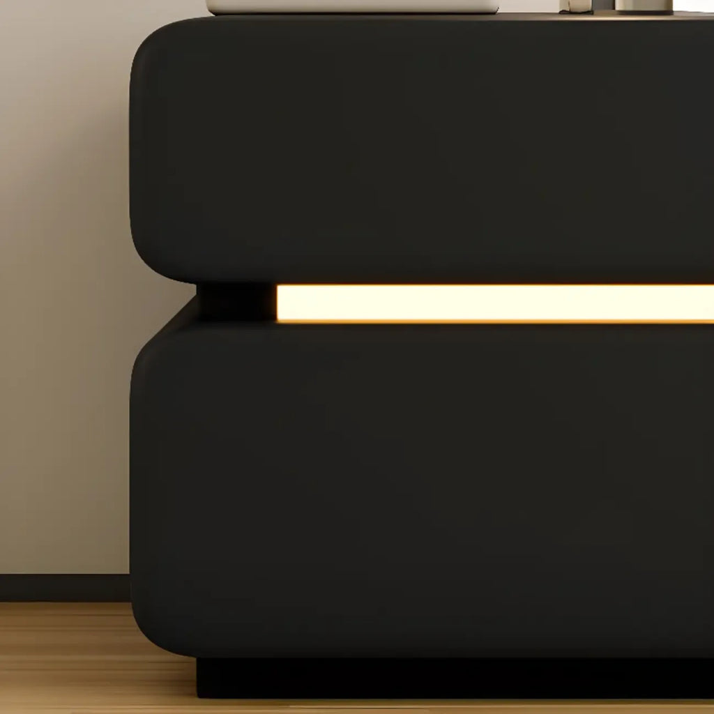 Table de chevet moderne avec plateau en cuir noir et 2 tiroirs