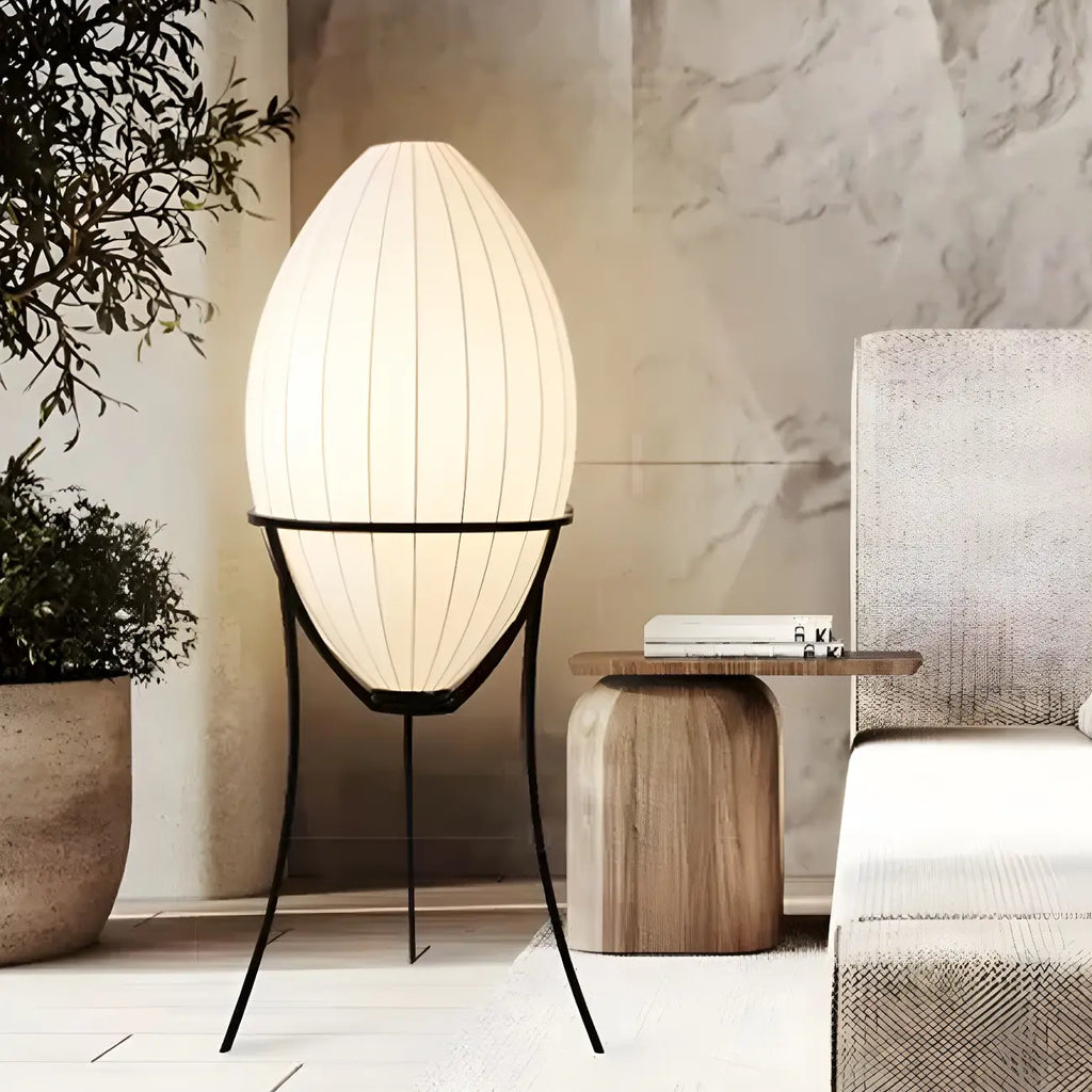 Lampe sur pied d'ambiance en forme d'œuf en tissu et en métal, trépied