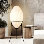 Lampe sur pied d'ambiance en forme d'œuf en tissu et en métal, trépied