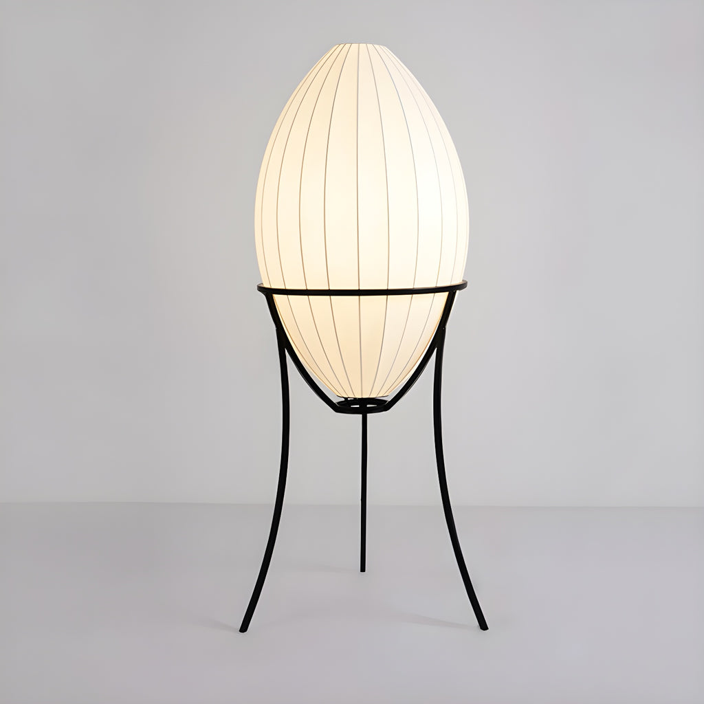 Lampe sur pied d'ambiance en forme d'œuf en tissu et en métal, trépied