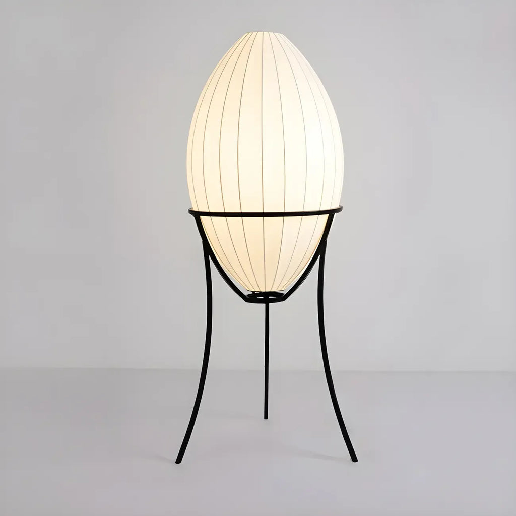 Lampe sur pied d'ambiance en forme d'œuf en tissu et en métal, trépied
