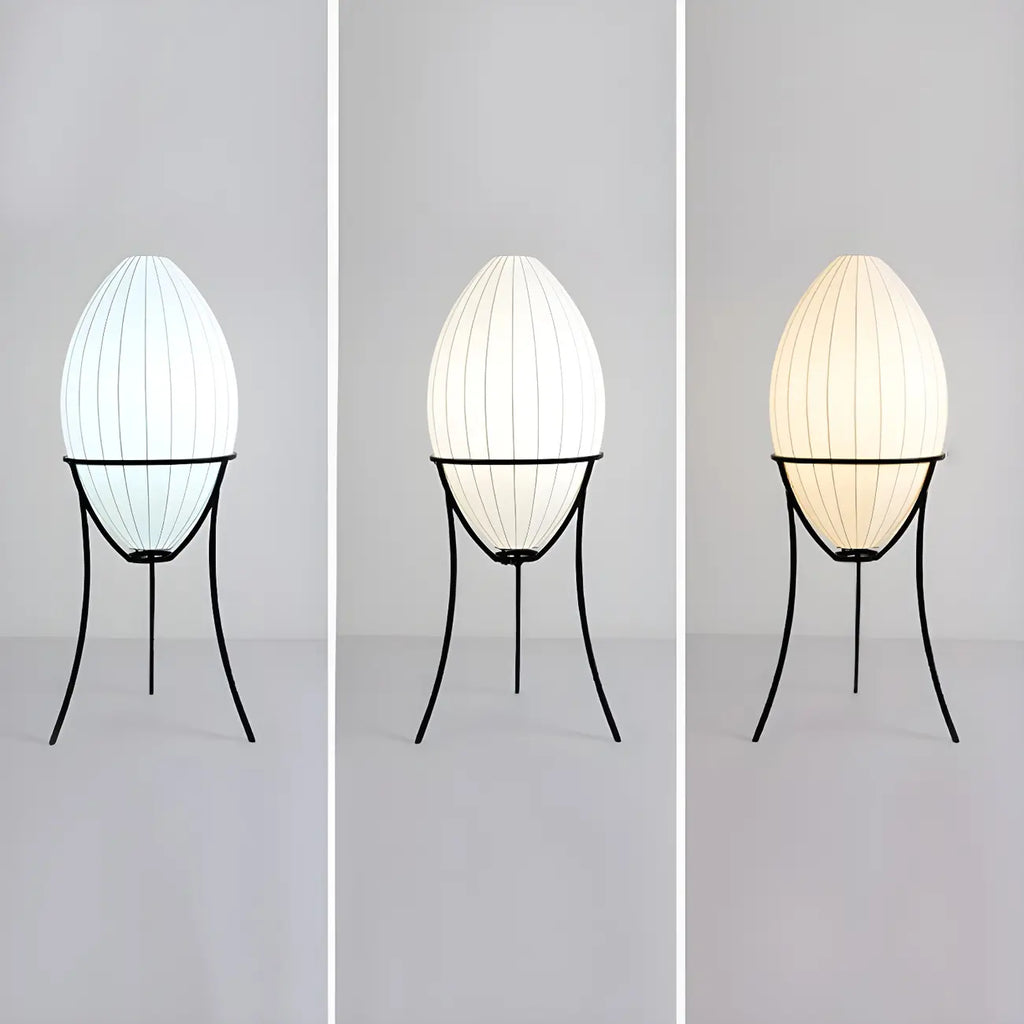 Lampe sur pied d'ambiance en forme d'œuf en tissu et en métal, trépied