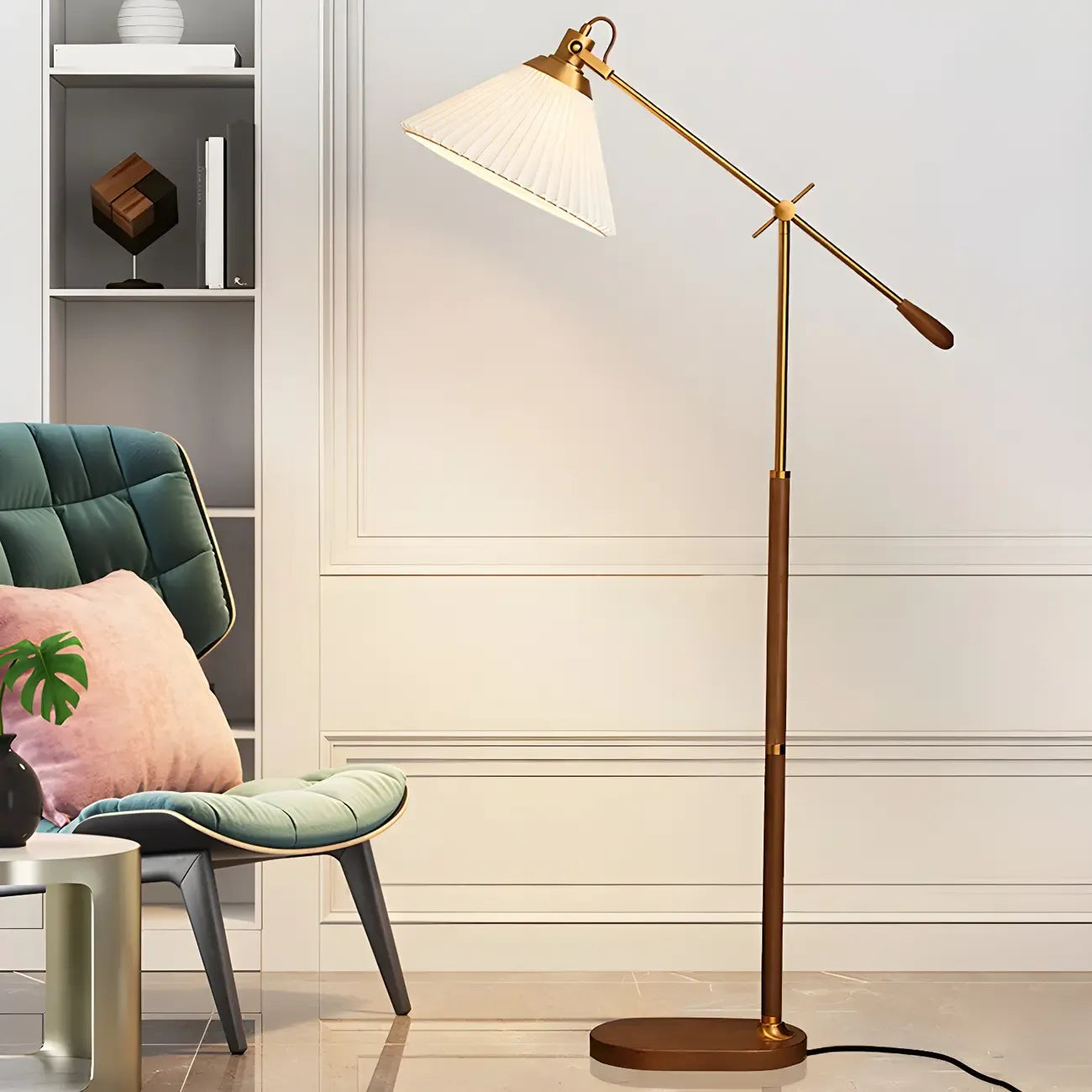 Lampadaire à bras articulé réglable en métal marron pour salon