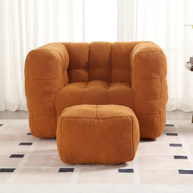 HOMEFUN Poltrona singola moderna trapuntata in Bouclé con pouf