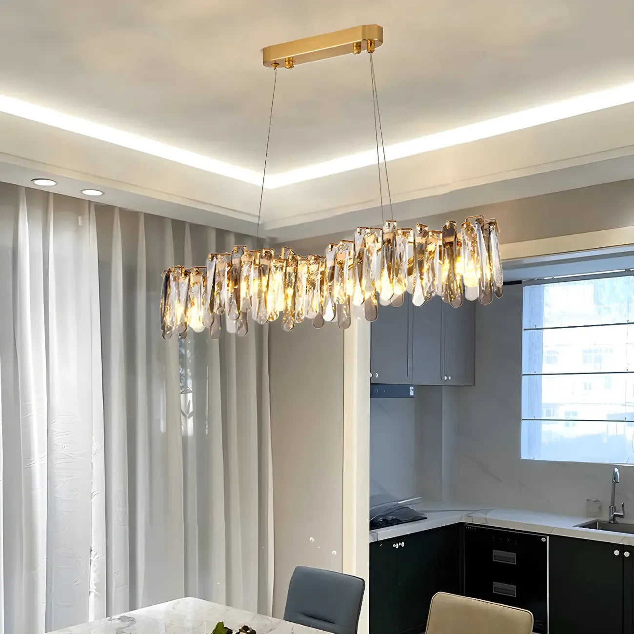 Suspension linéaire élégante en cristal gris pour îlot de lumière