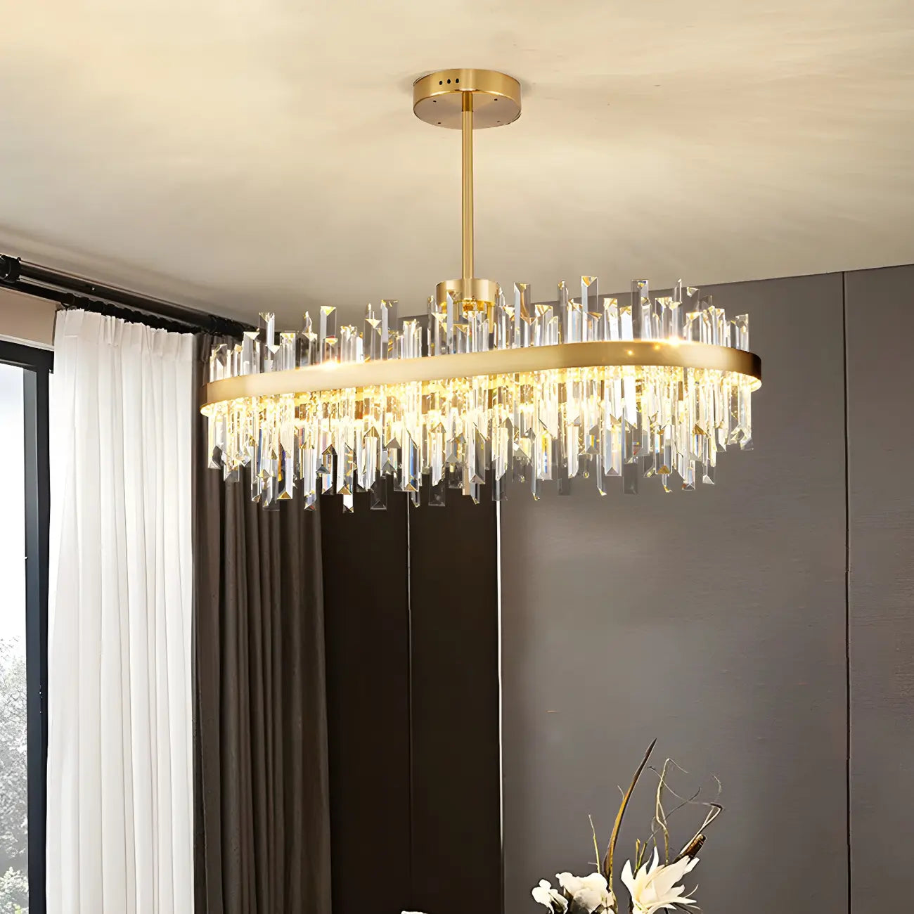 Suspension LED ovale moderne en cristal doré pour îlot de cuisine