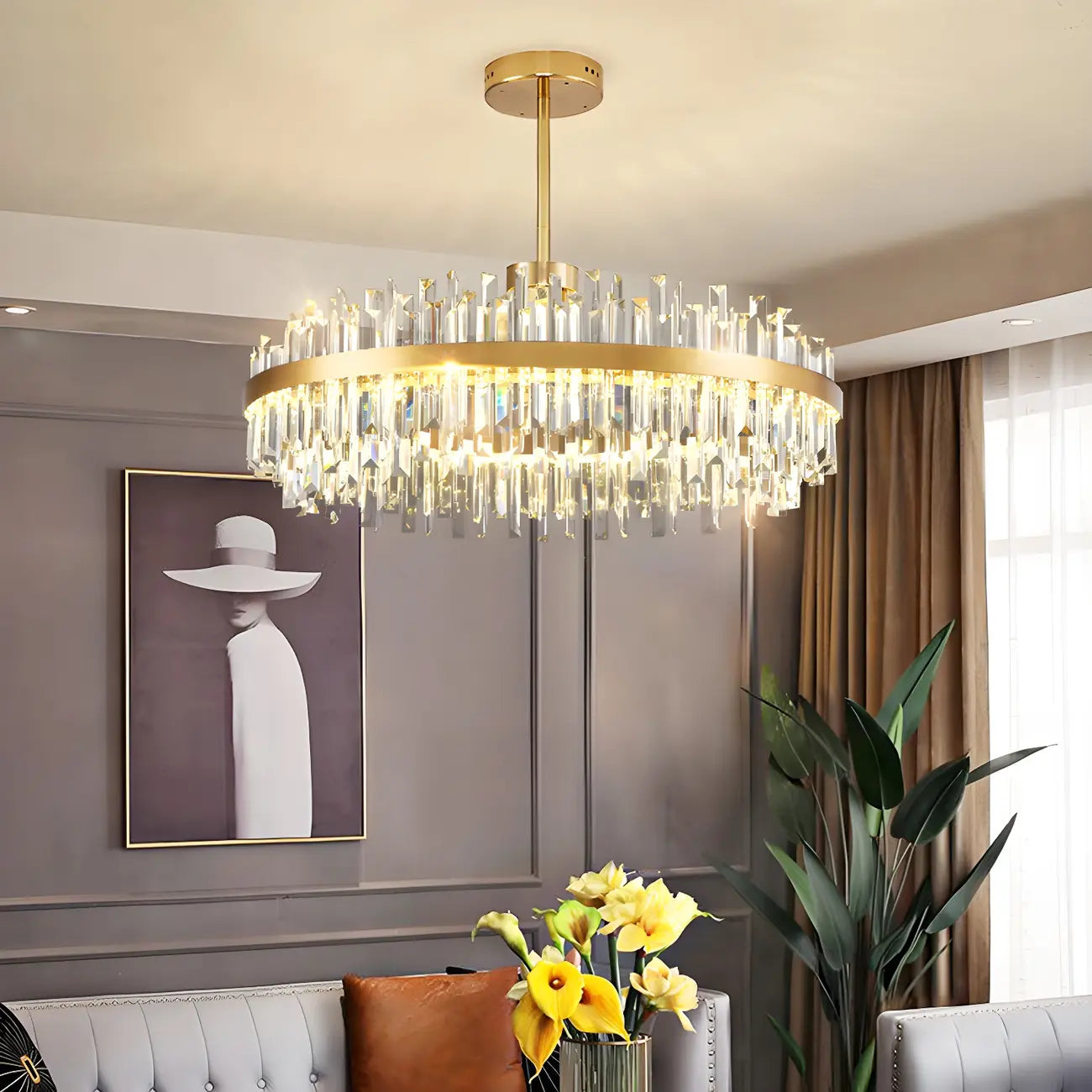 Suspension LED ovale moderne en cristal doré pour îlot de cuisine