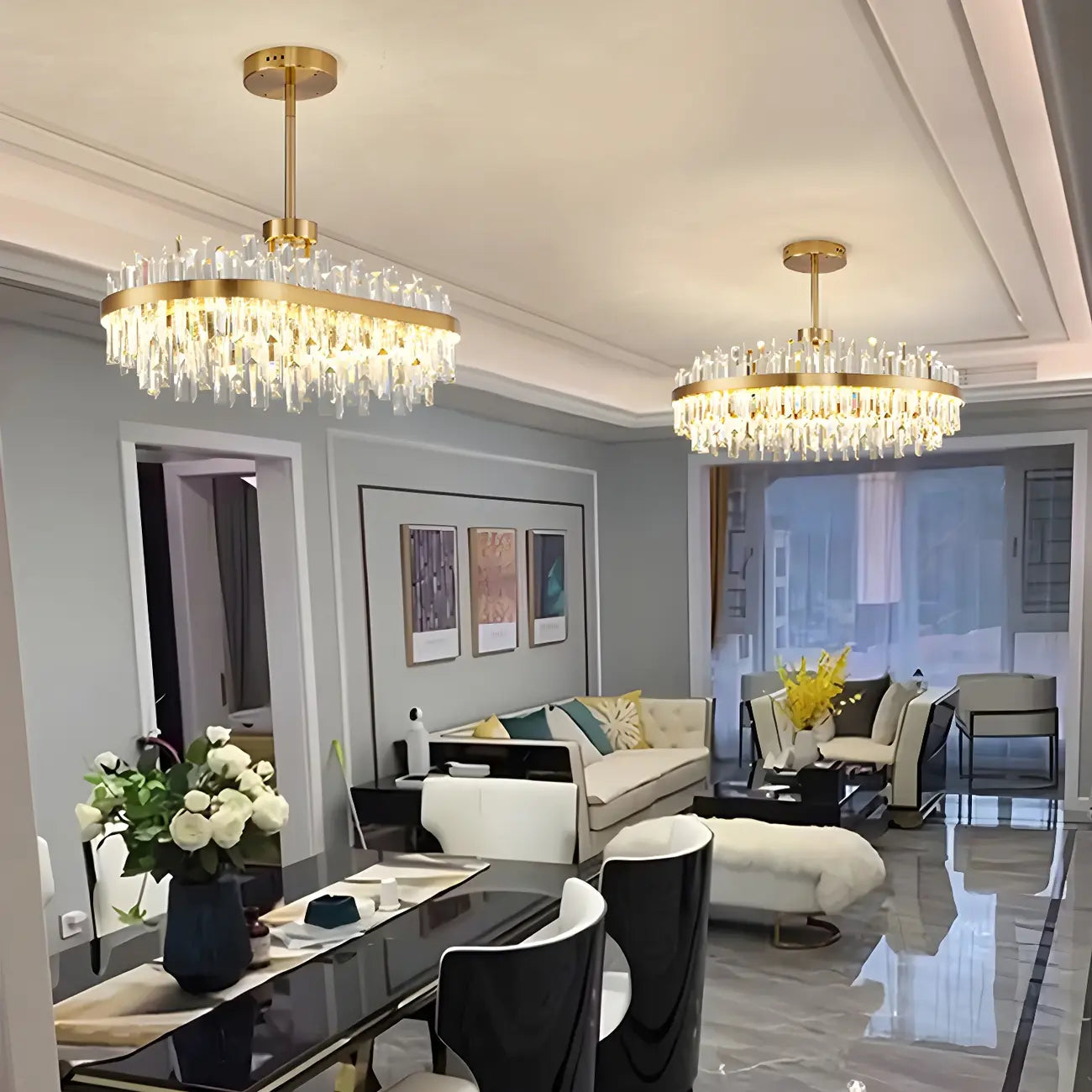 Suspension LED ovale moderne en cristal doré pour îlot de cuisine