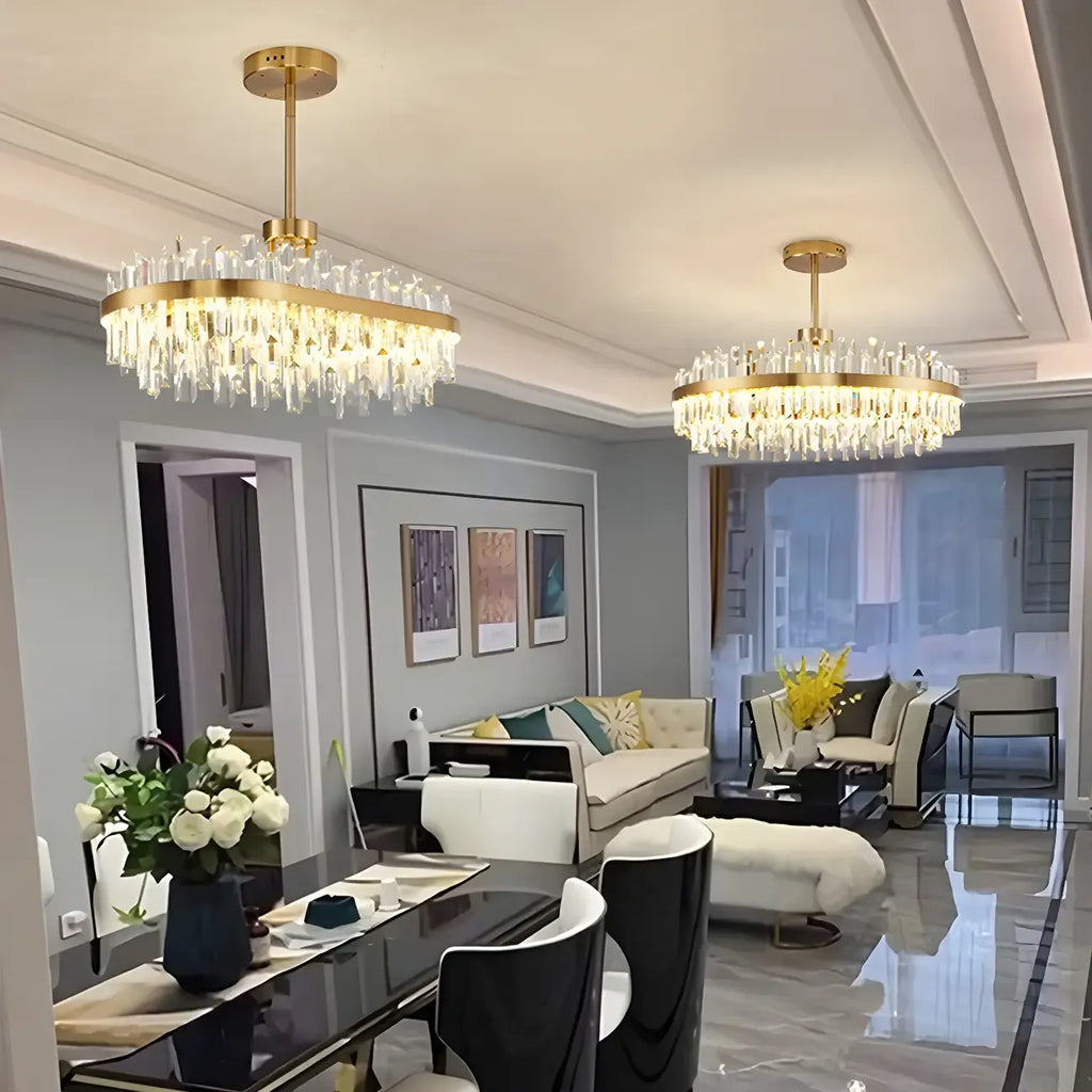 Suspension LED ovale moderne en cristal doré pour îlot de cuisine