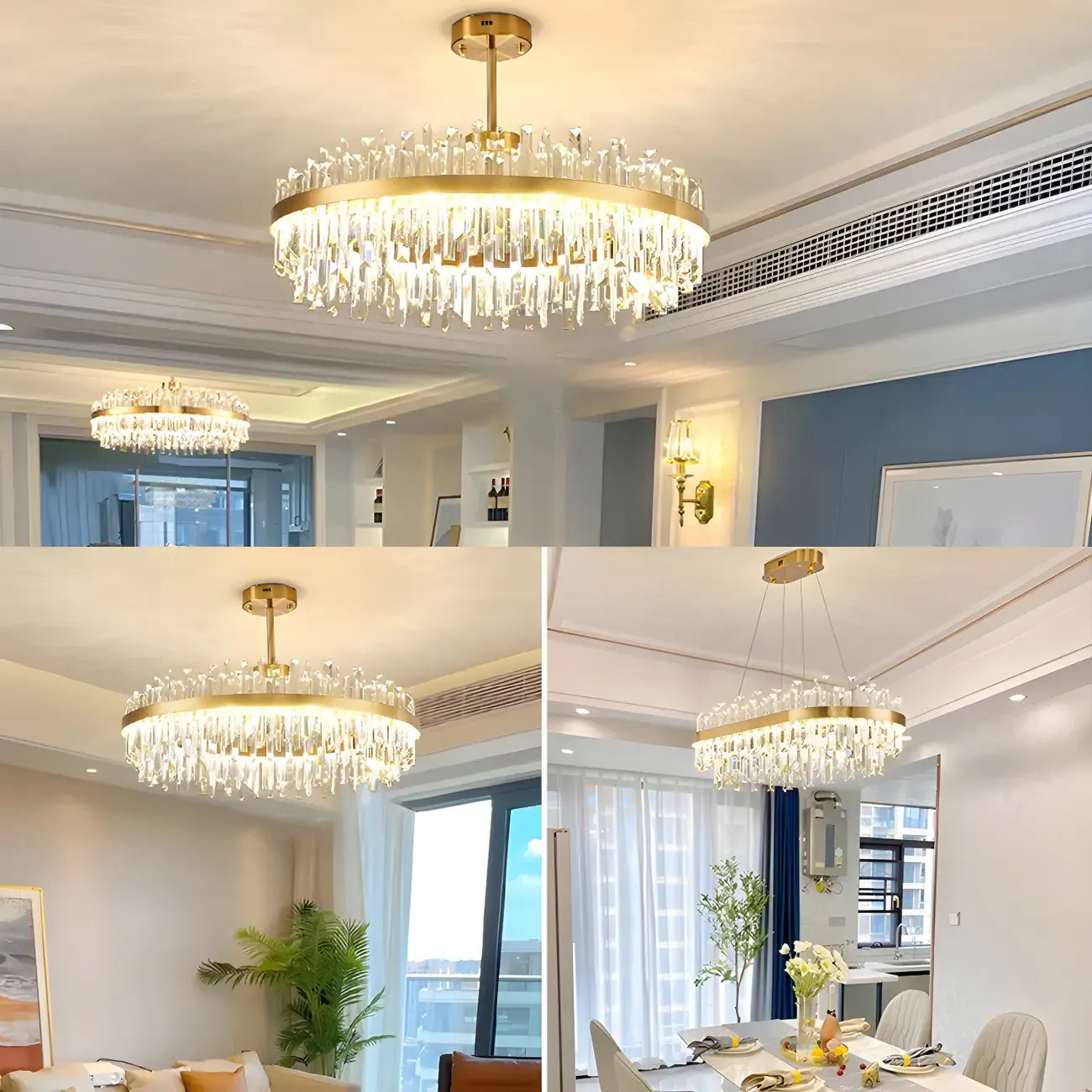 Suspension LED ovale moderne en cristal doré pour îlot de cuisine
